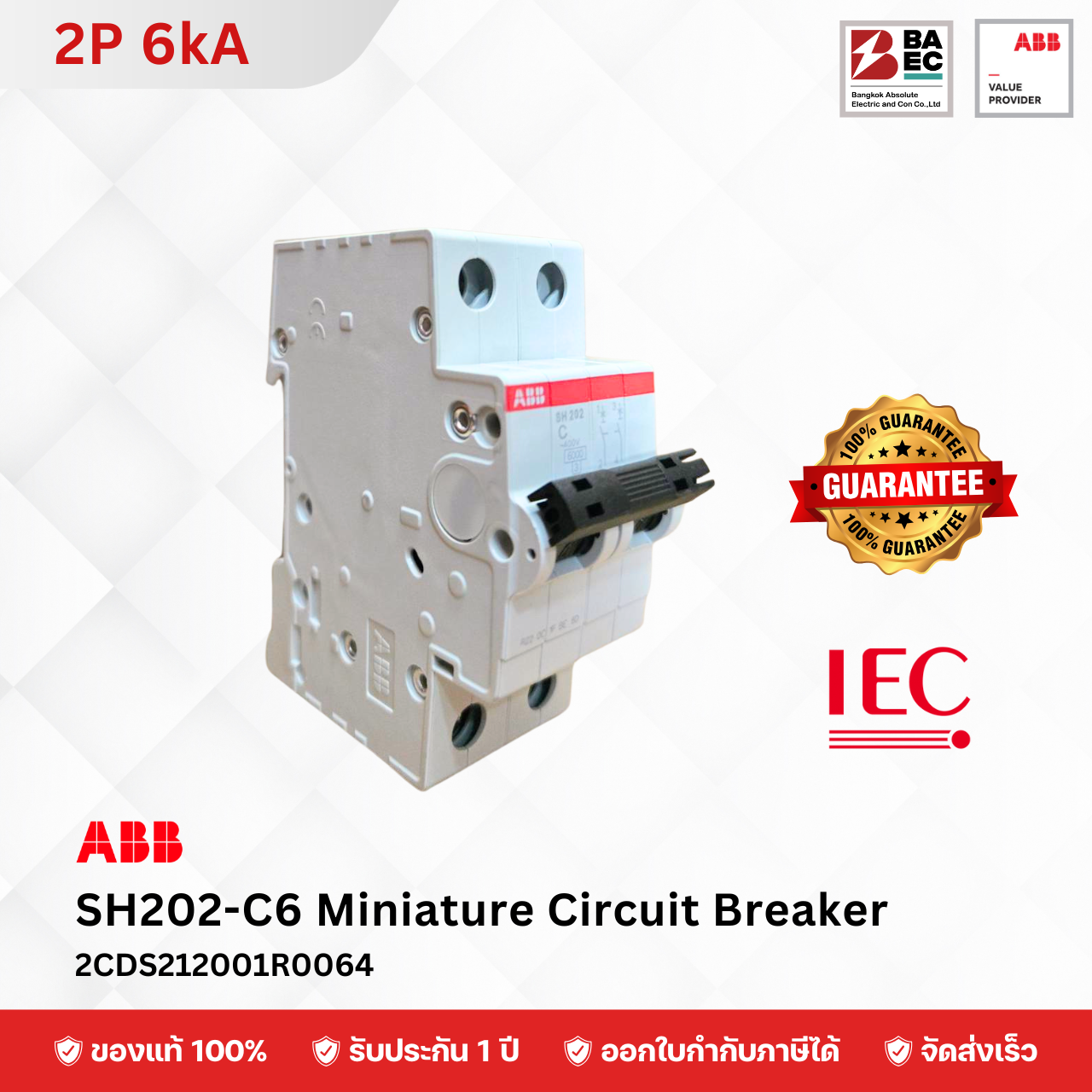 ABB เซอร์กิตเบรกเกอร์ SH202-C6 - C63A 2P 6KA